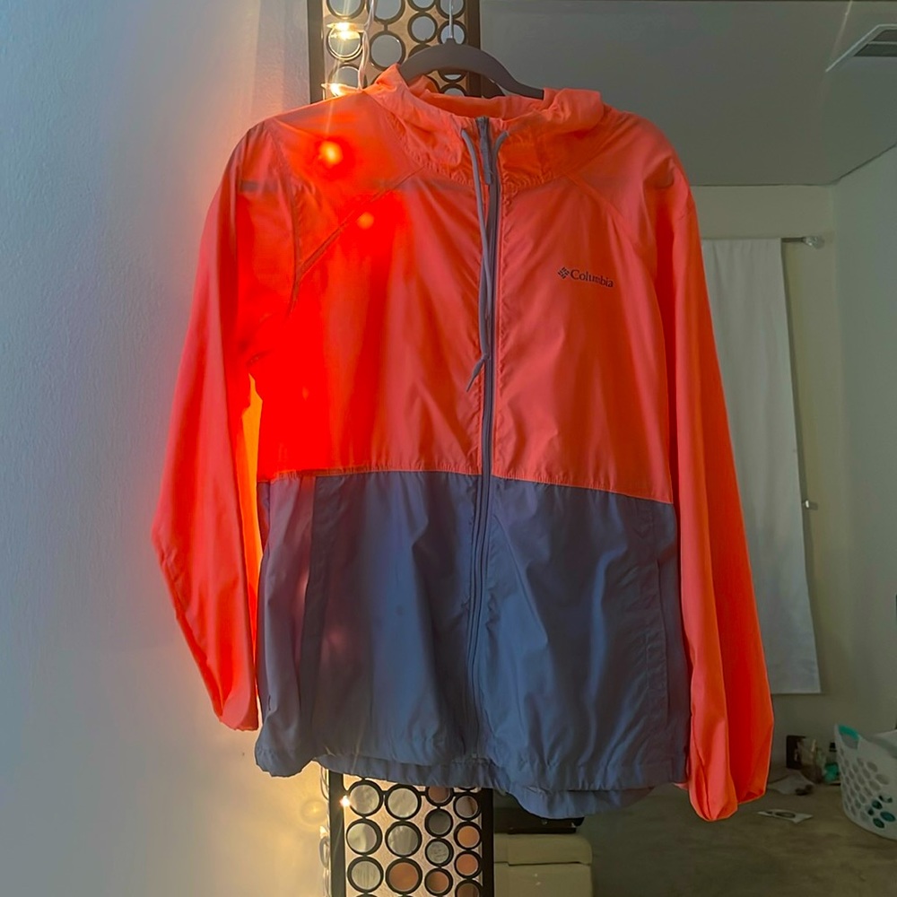 Hot pink and grey Columbia wind breaker jacket.